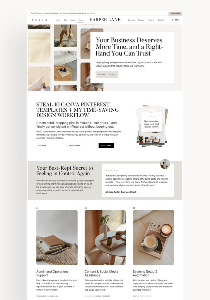 Harper Theme – Feminine WordPress Theme for for service providers, virtual assistants, coaches, and creatives who want a website that looks incredible and works hard for their business.