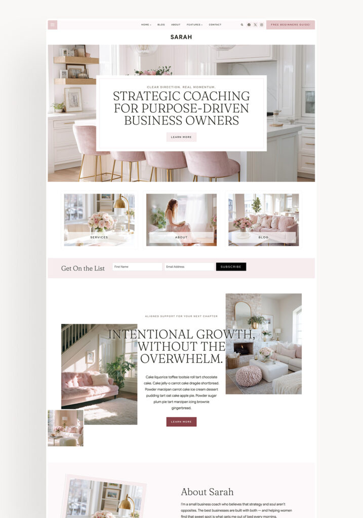 Sarah Theme – Feminine WordPress Theme for service providers, coaches, digital product creators, course sellers, and bloggers.